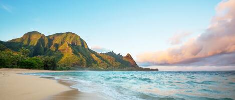 Beach nearby, sun loungers, beach towels