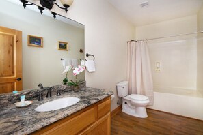 Hair dryer, towels, soap, shampoo