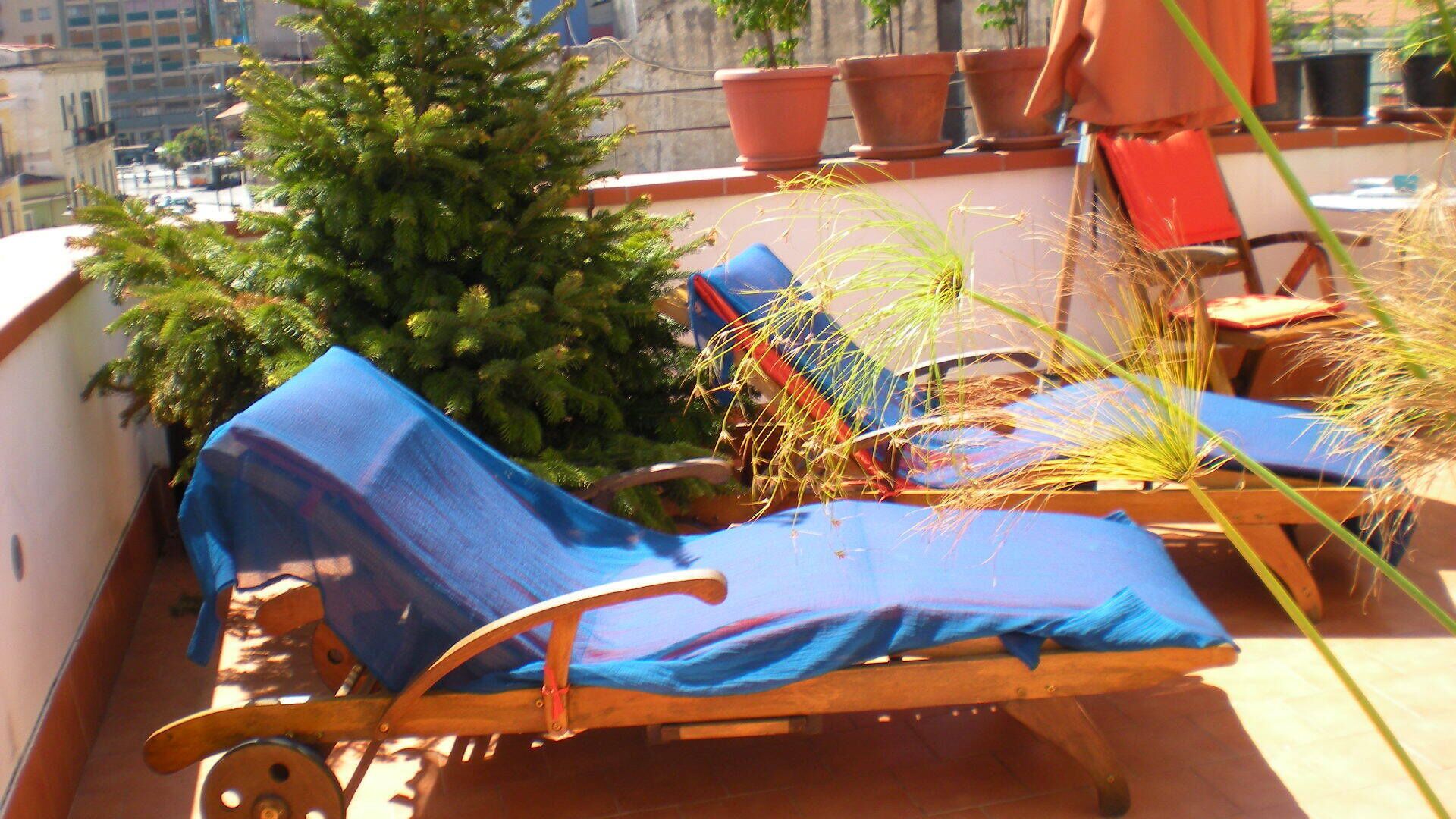 A balcony with a wooden chair covered with a blue cloth, a small Christmas tree, and potted plants.