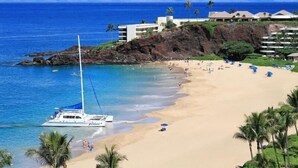 Une plage avec un bateau, des palmiers et un hôtel en arrière-plan.