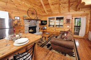 Flat-screen TV, fireplace