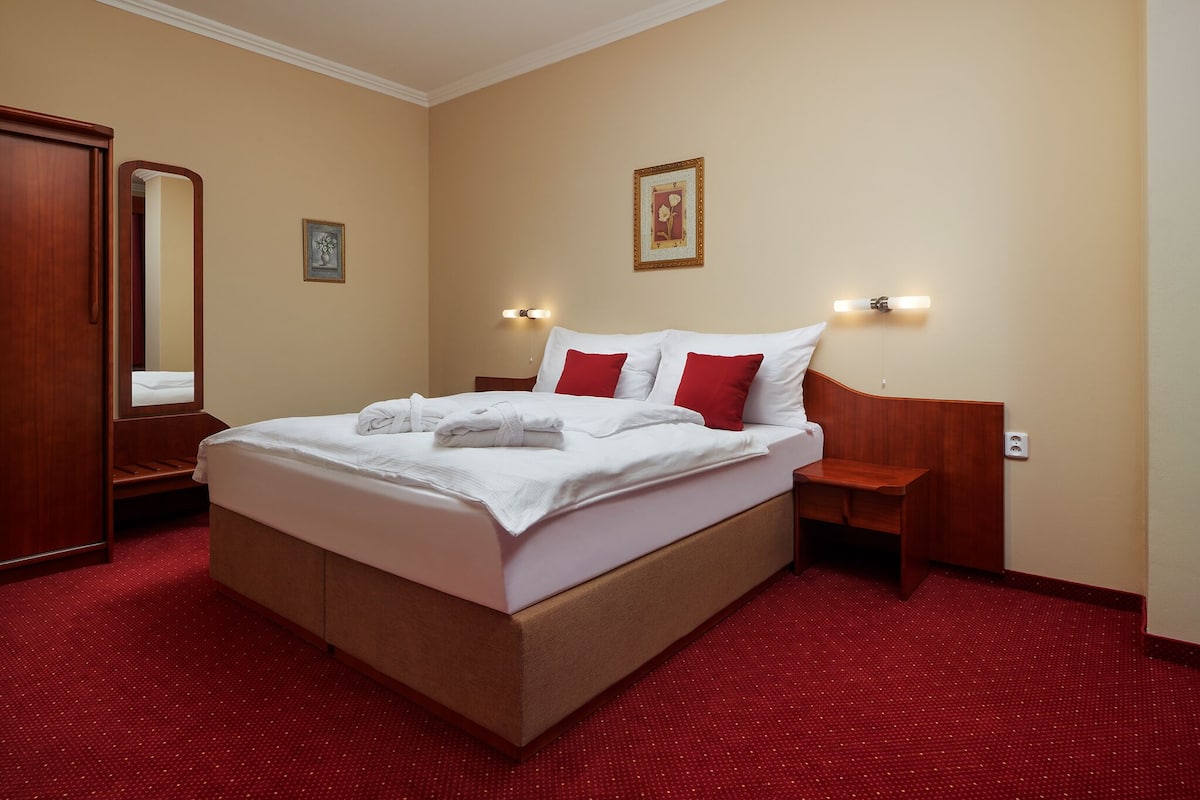 Habitación de hotel con una cama grande, una mesita de noche de madera, un armario de madera y un suelo cubierto de alfombra roja.