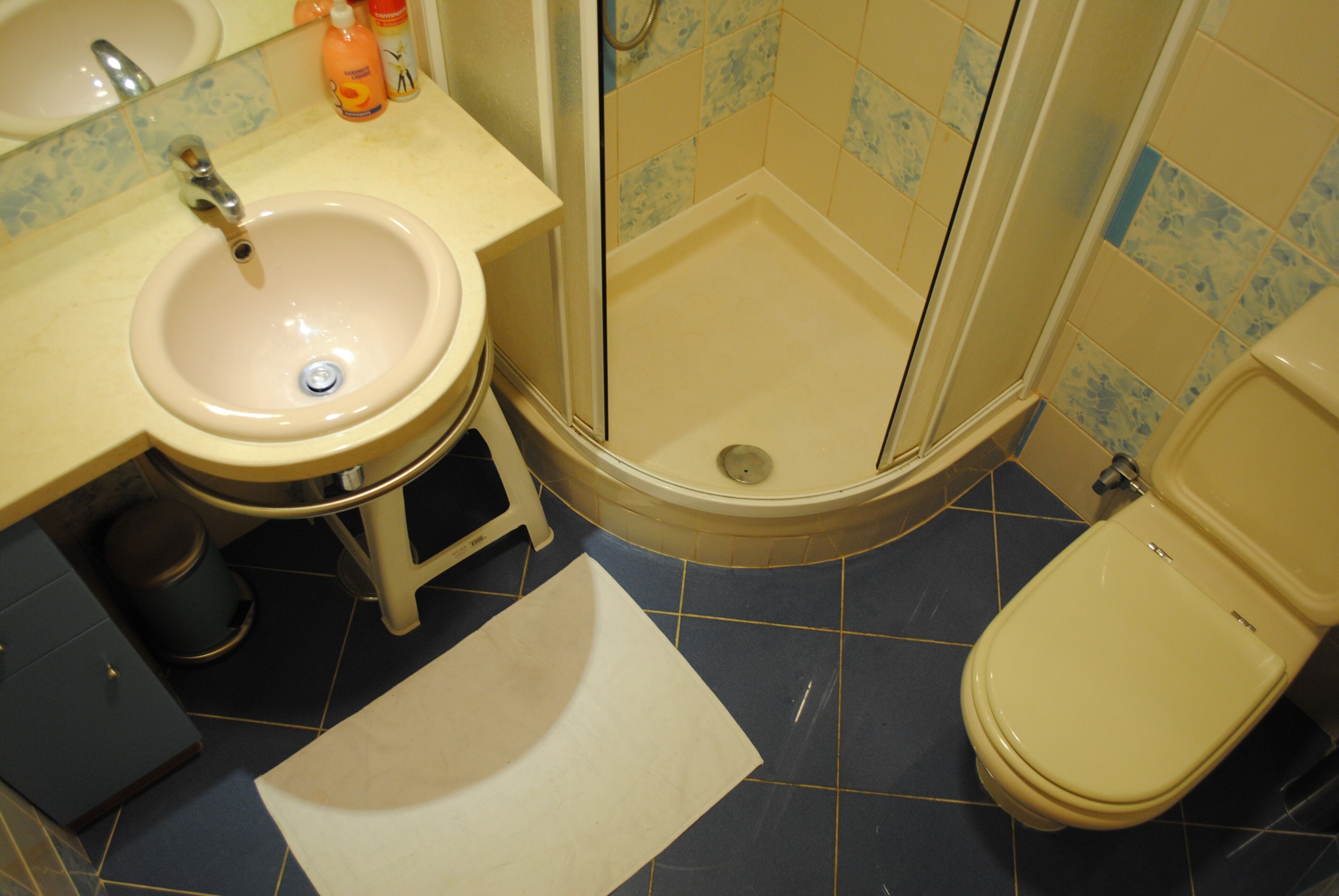 Un baño con lavamanos, inodoro y ducha.