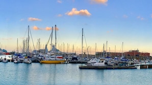 A marina with numerous boats docked, a bridge, and buildings in the background.