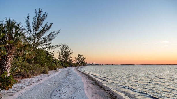 A sandy beach path with trees and a calm sea at sunset.