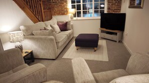 Smart TV, fireplace, DVD player, books