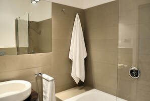 Combined shower/bathtub, hair dryer, bidet, towels