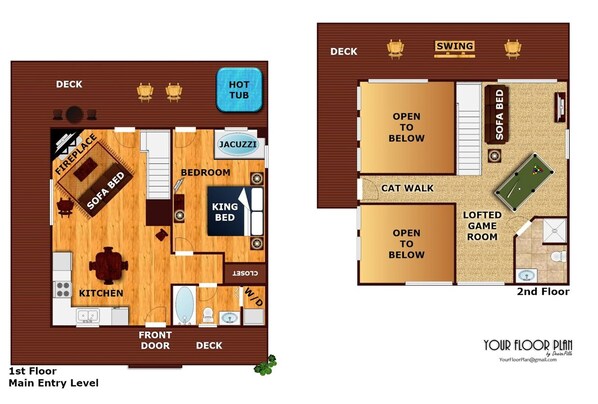 A 1st floor layout with a kitchen, bedroom, and living area, including a fireplace and hot tub. - Pool table, hot tub, and adorable 1BR log cabin for a perfect stay! (Sevierville)