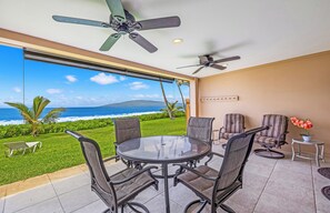 Outdoor dining - Superior, remodeled, Oceanfront two bedroom 2.5 bath low rise, AC, pool. (Lahaina)