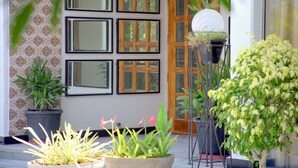 Fachada de um edifício com várias janelas, plantas em vasos e uma porta.