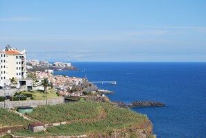 A coastal town with buildings, a bridge, and a rocky coastline. - Apartment T3 Sea View 10 minutes from Funchal (Câmara de Lobos)