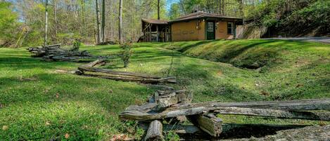 A rustic cabin with a sloped roof and a green door, surrounded by a grassy area with fallen logs.