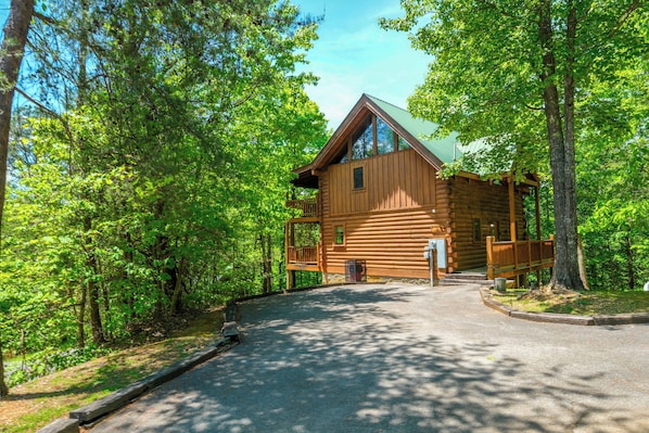 A log cabin with a porch, surrounded by dense forest.