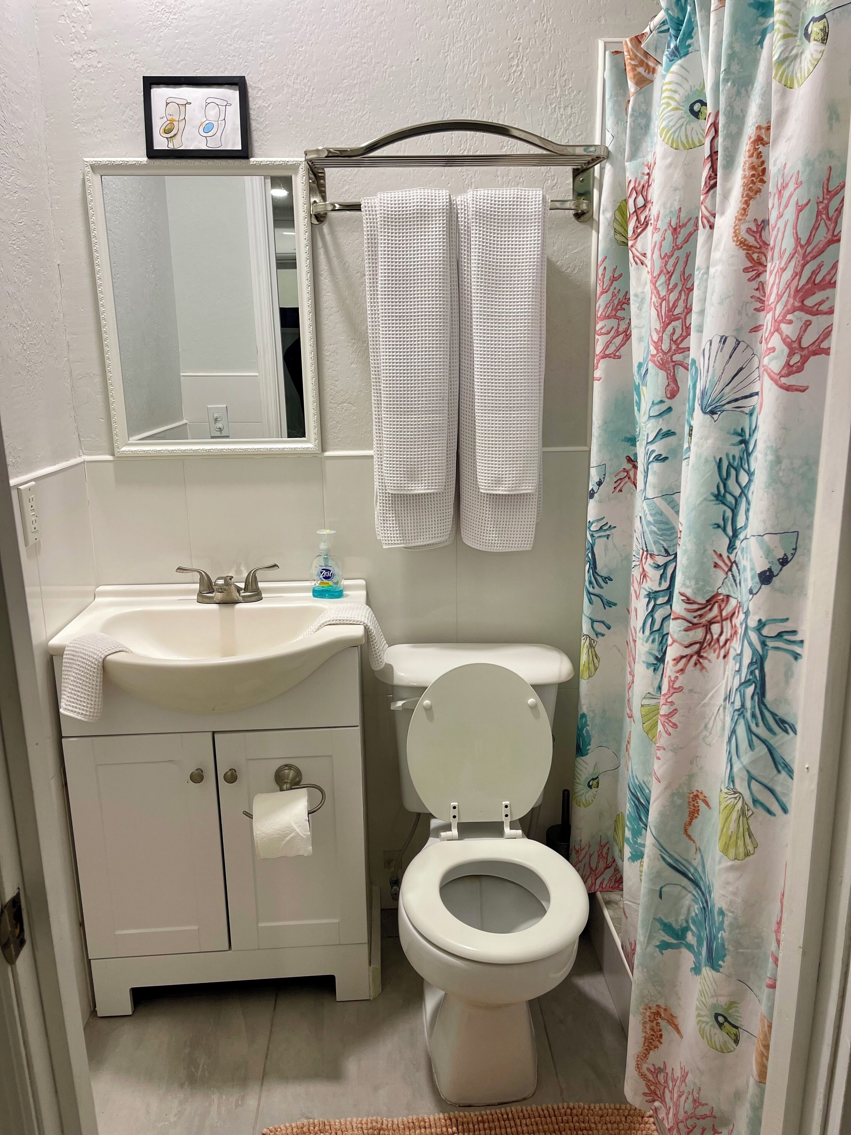 Ensemble douche/baignoire, sèche-cheveux, serviettes fournies