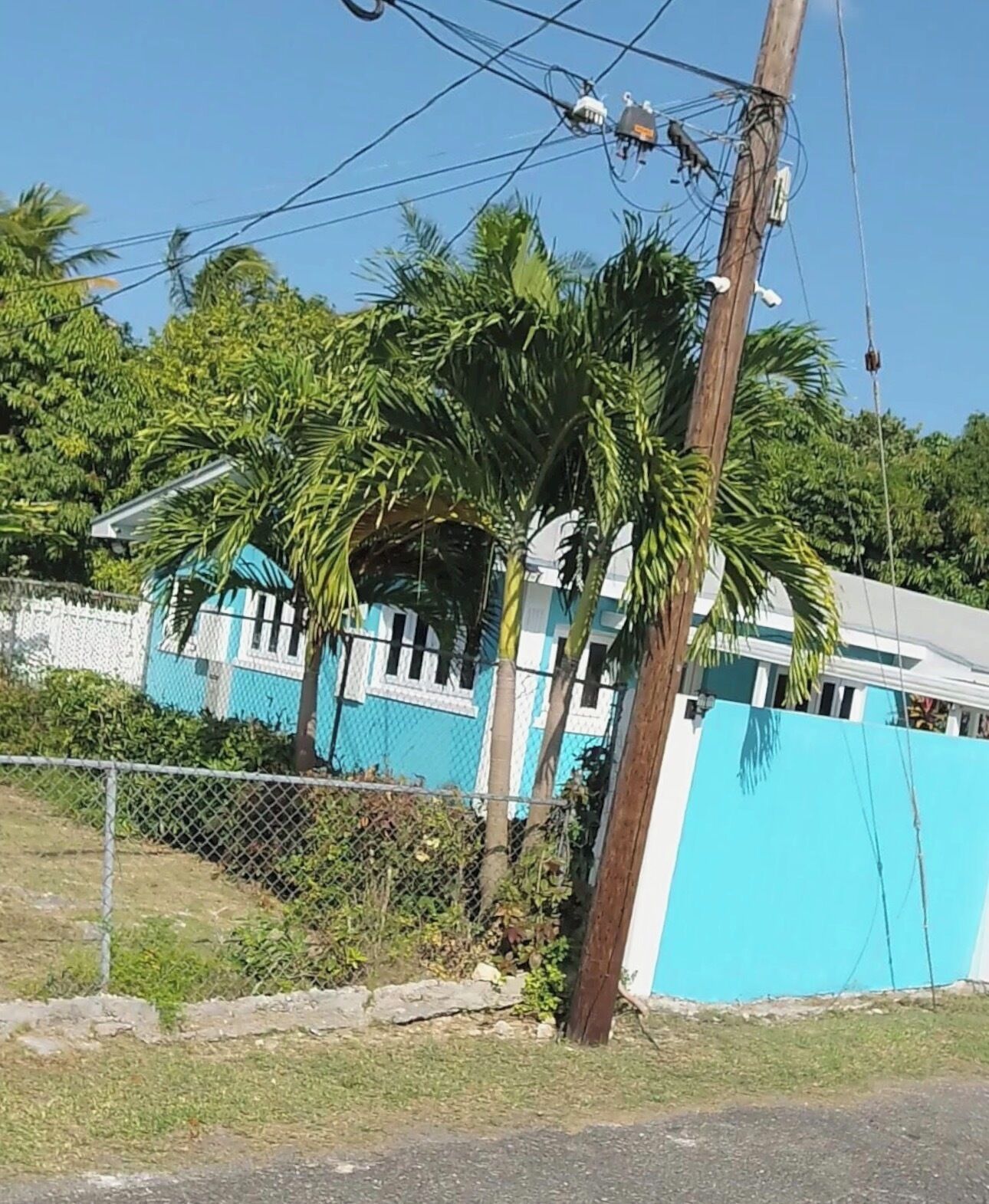 A residential building with a blue exterior, surrounded by a chain-link fence and palm trees.
