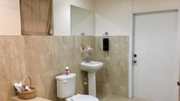 Combined shower/bathtub, hair dryer, towels, toilet paper