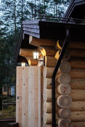 A log cabin with a wooden door, a chimney, and exterior lights. - Shishki na Lampushke - Finnish Kalevala (Razdolievskoe)