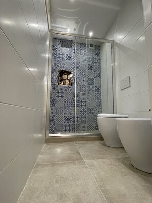 Shower, hair dryer, bidet, towels