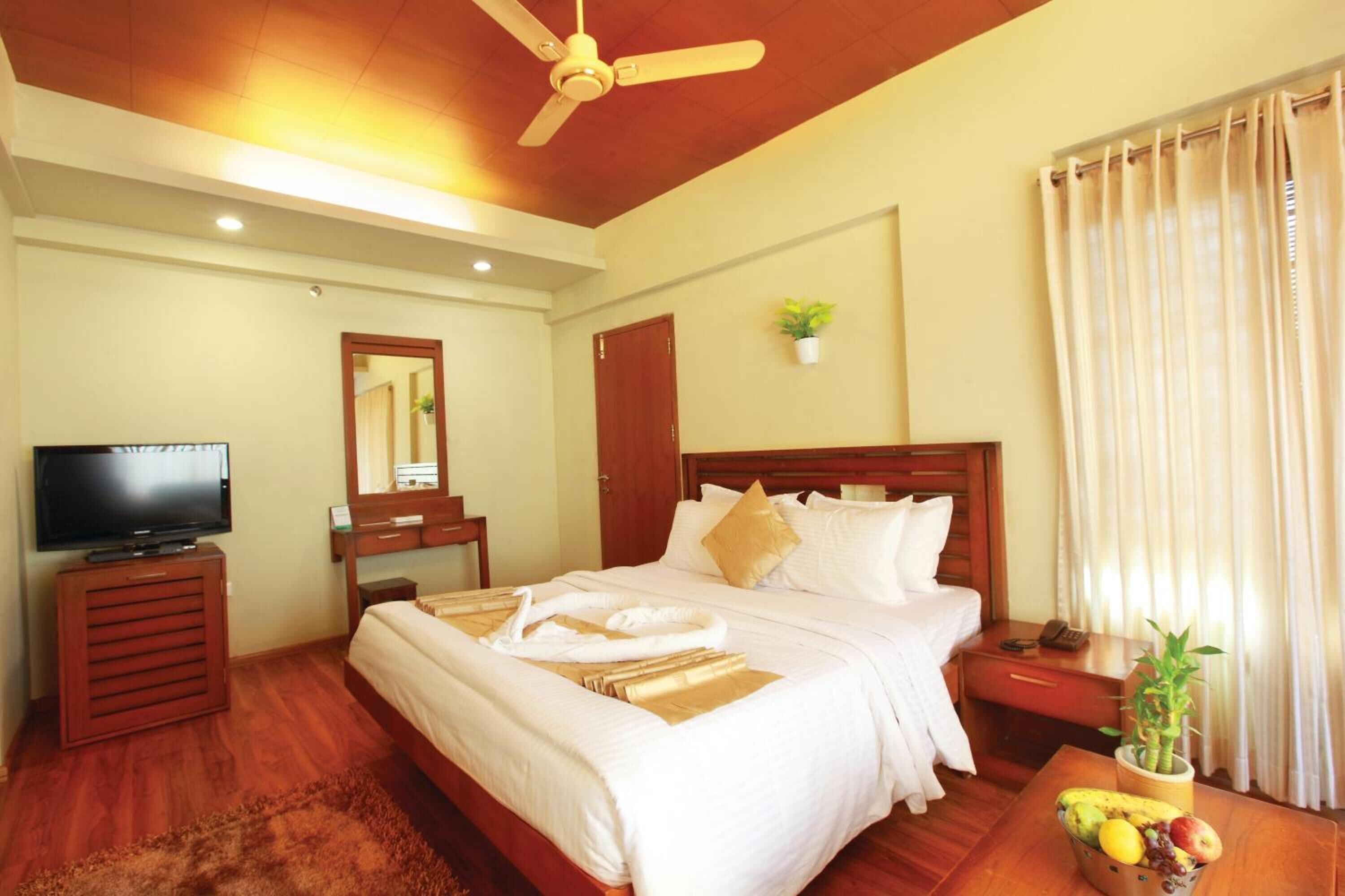 A hotel room with a wooden bed, a television on a wooden stand, a bedside table with a plant, and a fruit bowl.