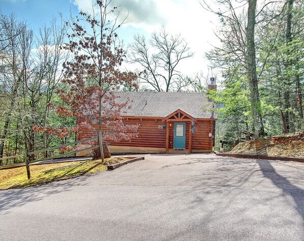 A log cabin with a green door, surrounded by trees and a paved driveway.