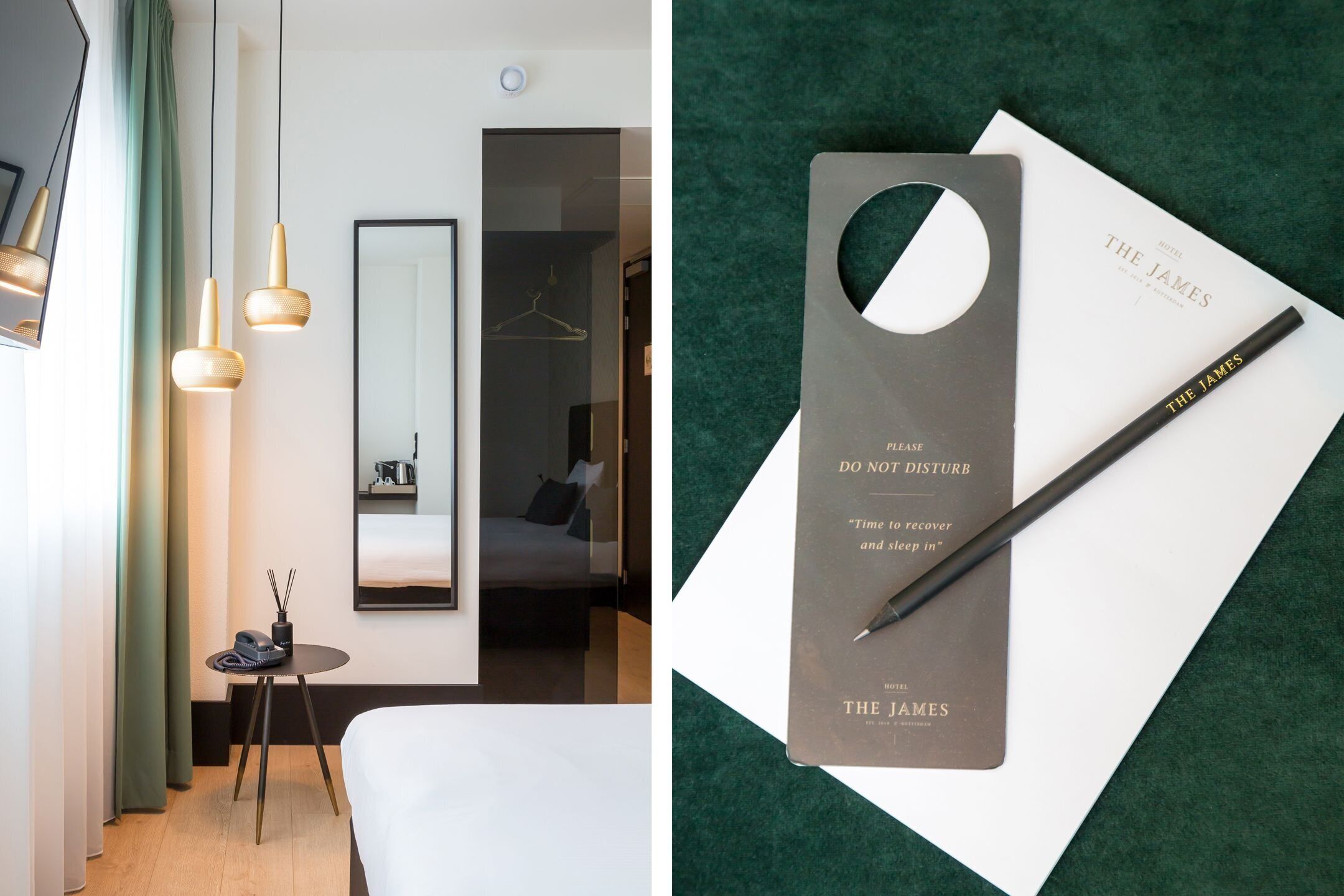 Una habitación de hotel moderna con cama, mesita de noche y espejo.