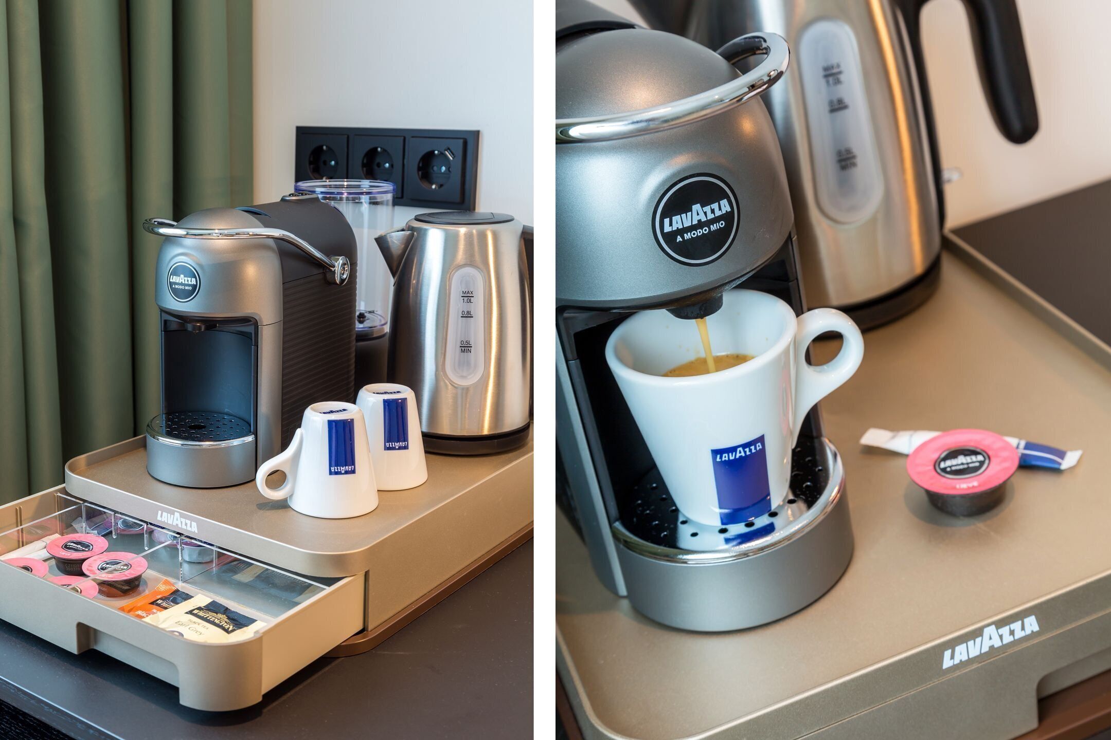 Een Lavazza koffieapparaat met een koffiekan en een koffieautomaat.