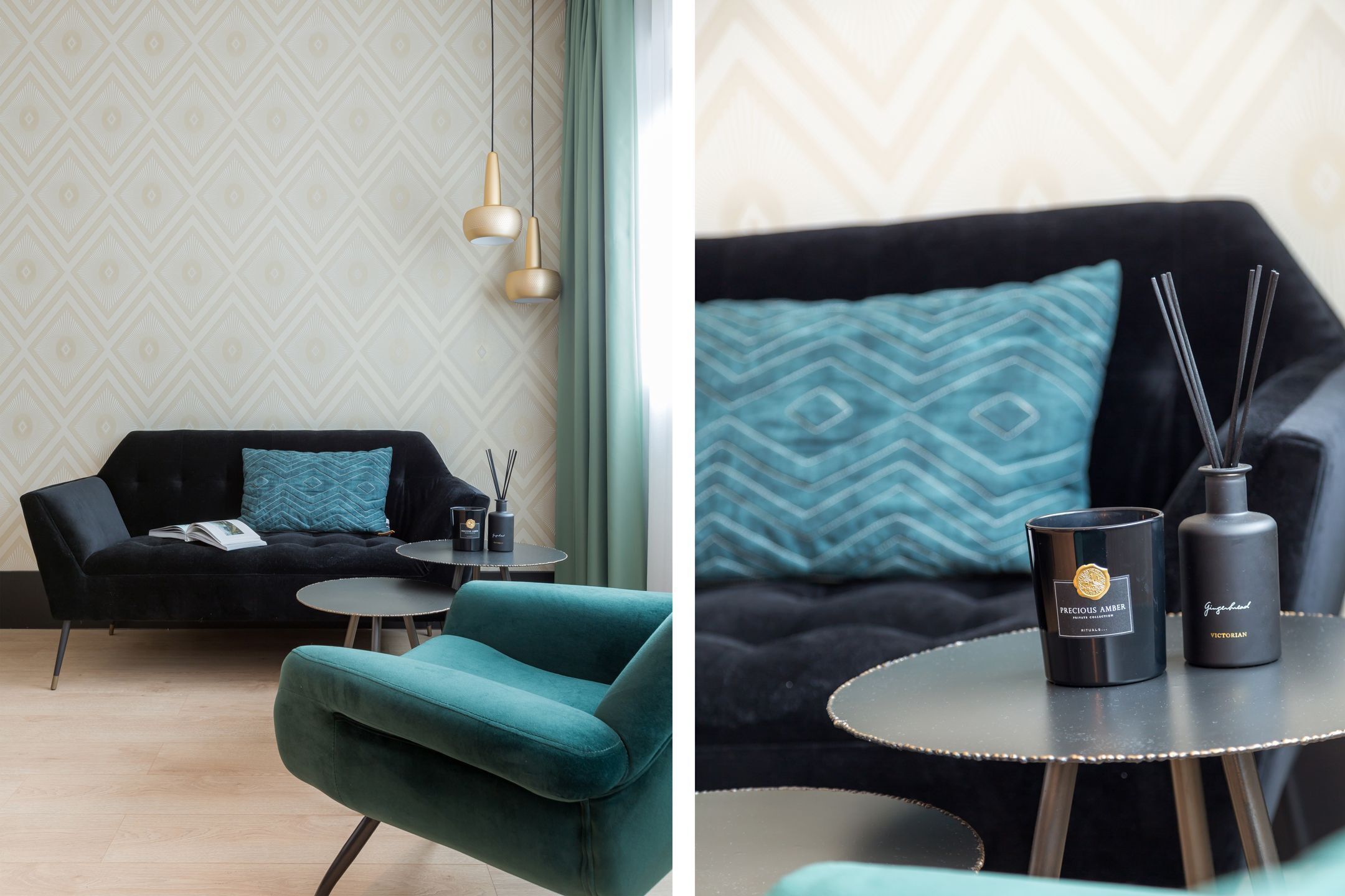 Una sala de estar moderna con un sofá negro, un sillón azul turquesa y una mesita redonda pequeña.