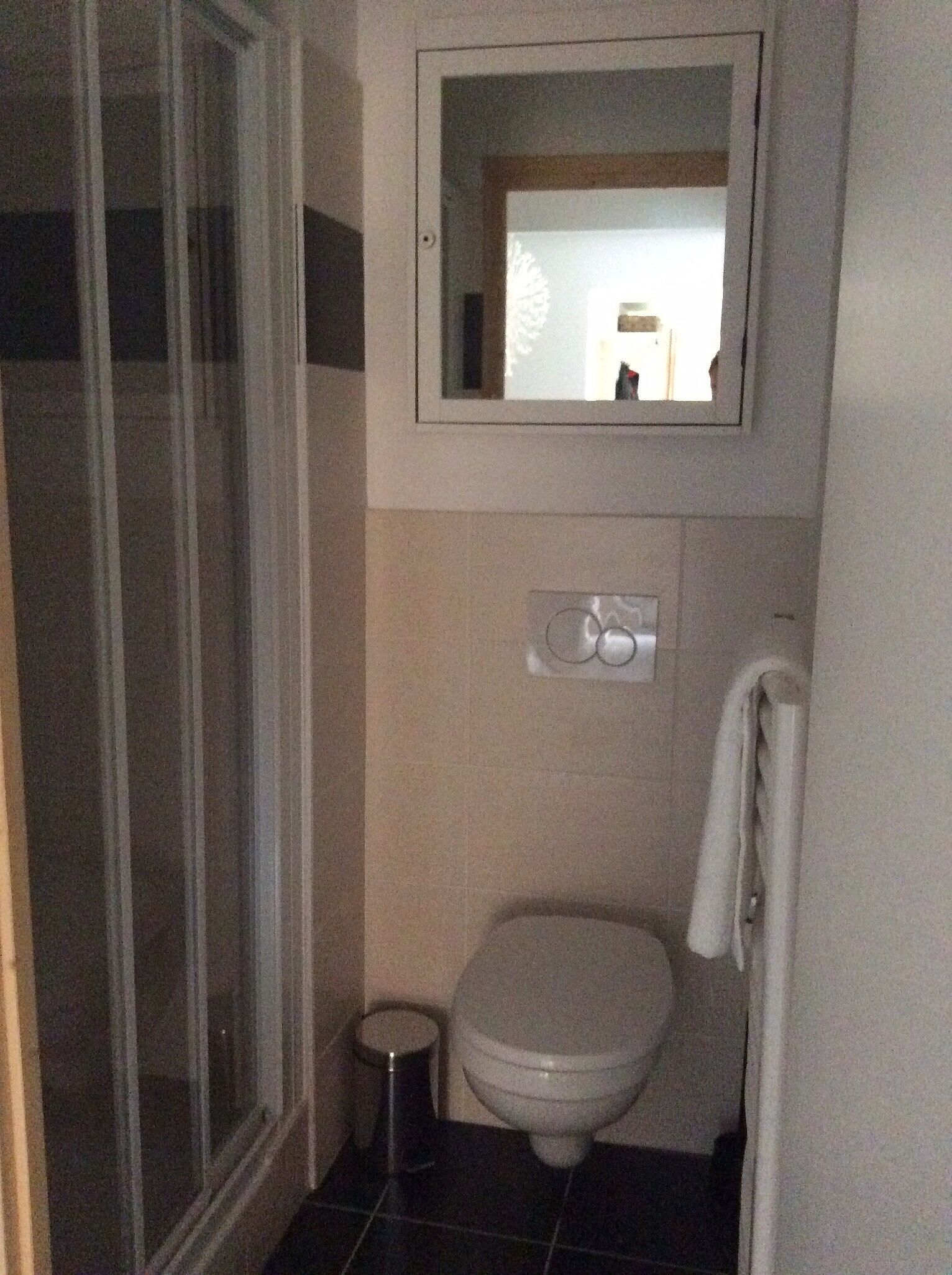A small bathroom with a toilet, a mirror, and a shower.