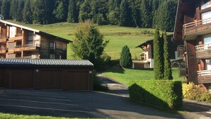 Eine Holzhütte mit Balkon, umgeben von einem Parkplatz und einem bewaldeten Hang.