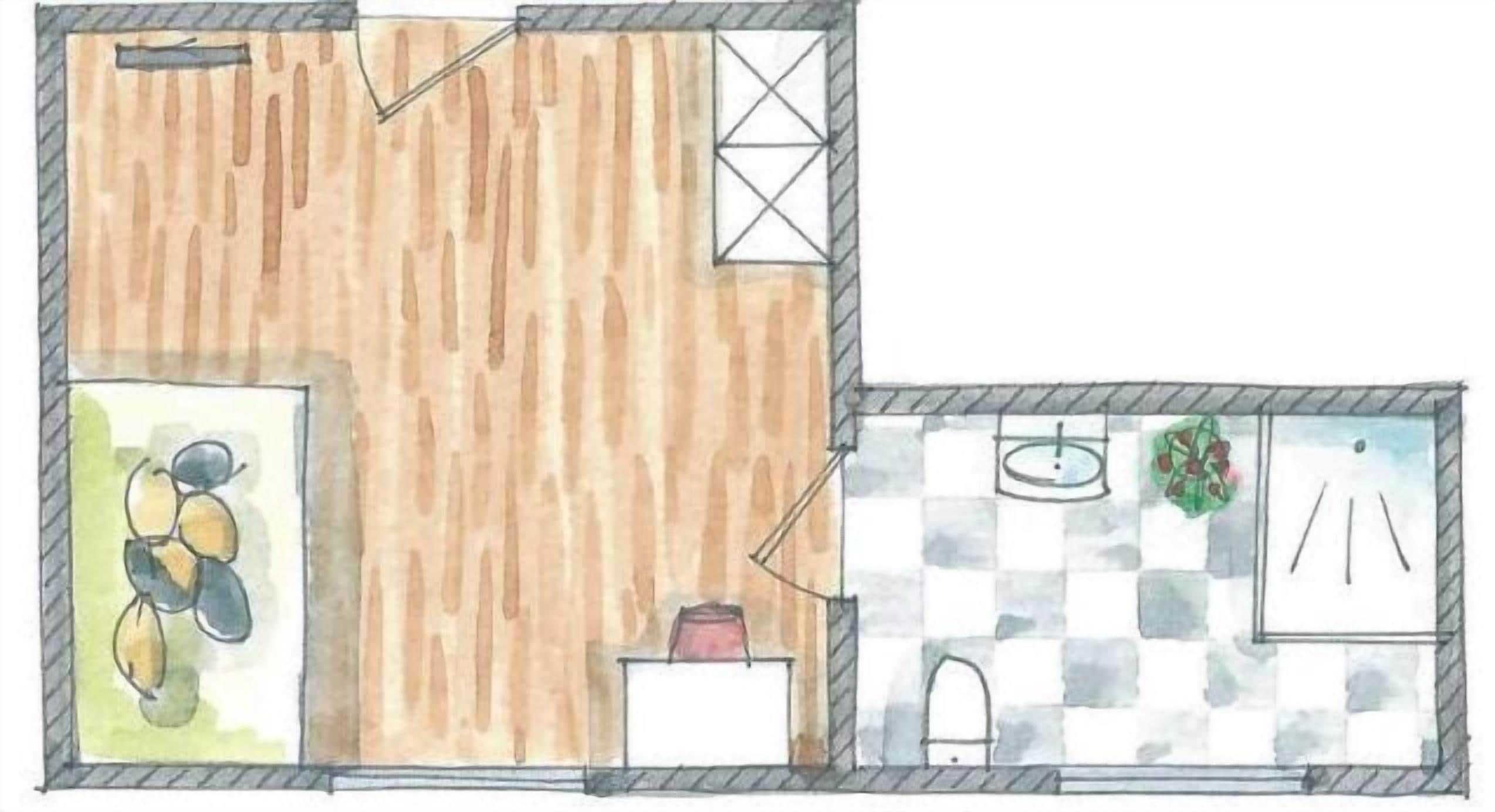 Plano de un cuarto con piso de madera, un lavamanos, un espejo y una ventana.
