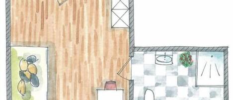 A floor plan of a room with a wooden floor, a sink, a mirror, and a window.