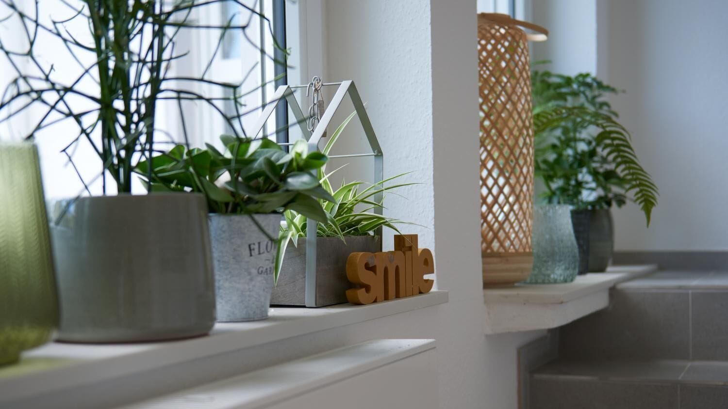 A shelf with potted plants, a geometric wall decoration, and a wooden 'smile' sign.
