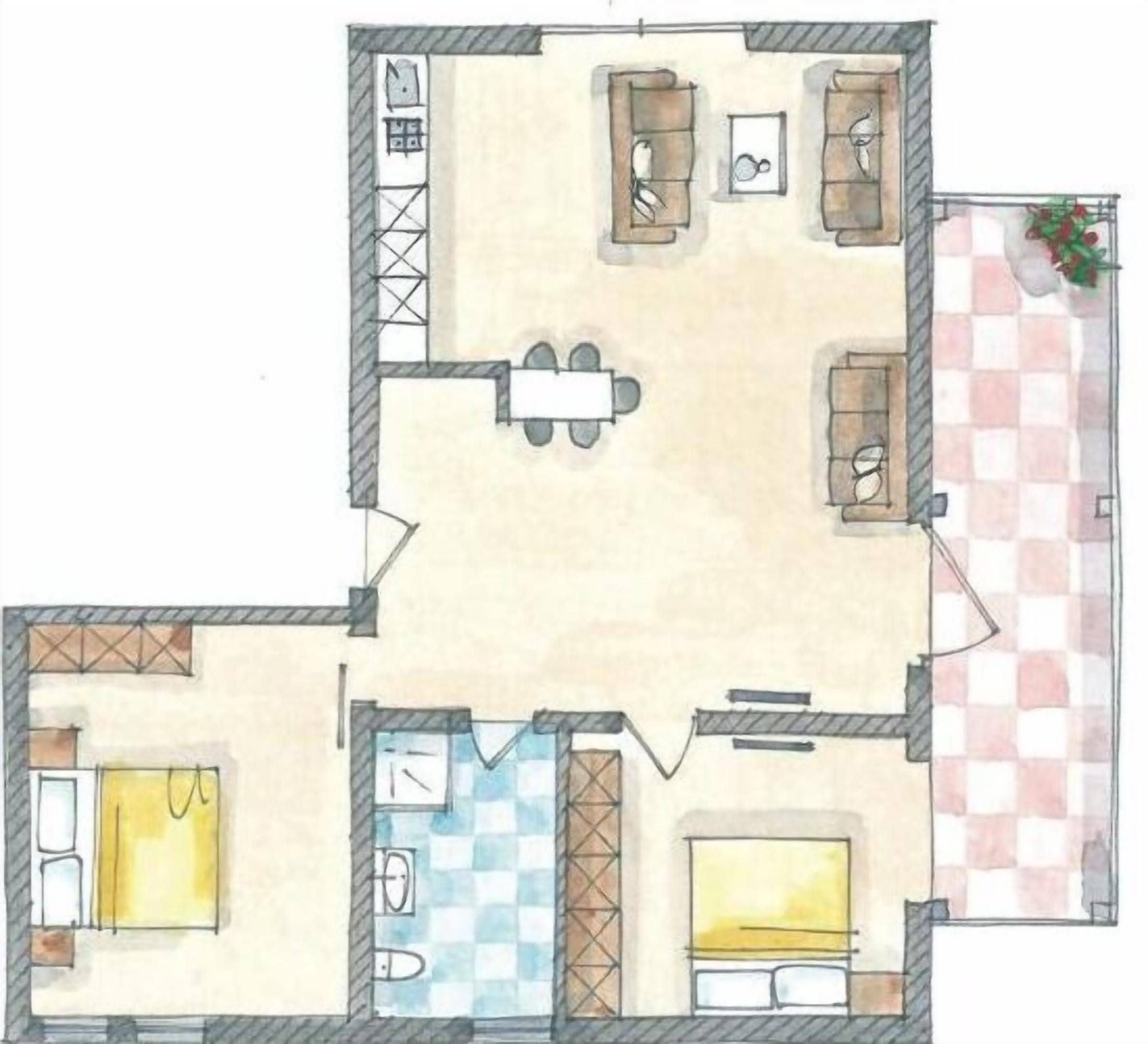 A floor plan of a hotel room with a bed, a small bathroom, a seating area with a table and chairs, and a checkered outdoor area.