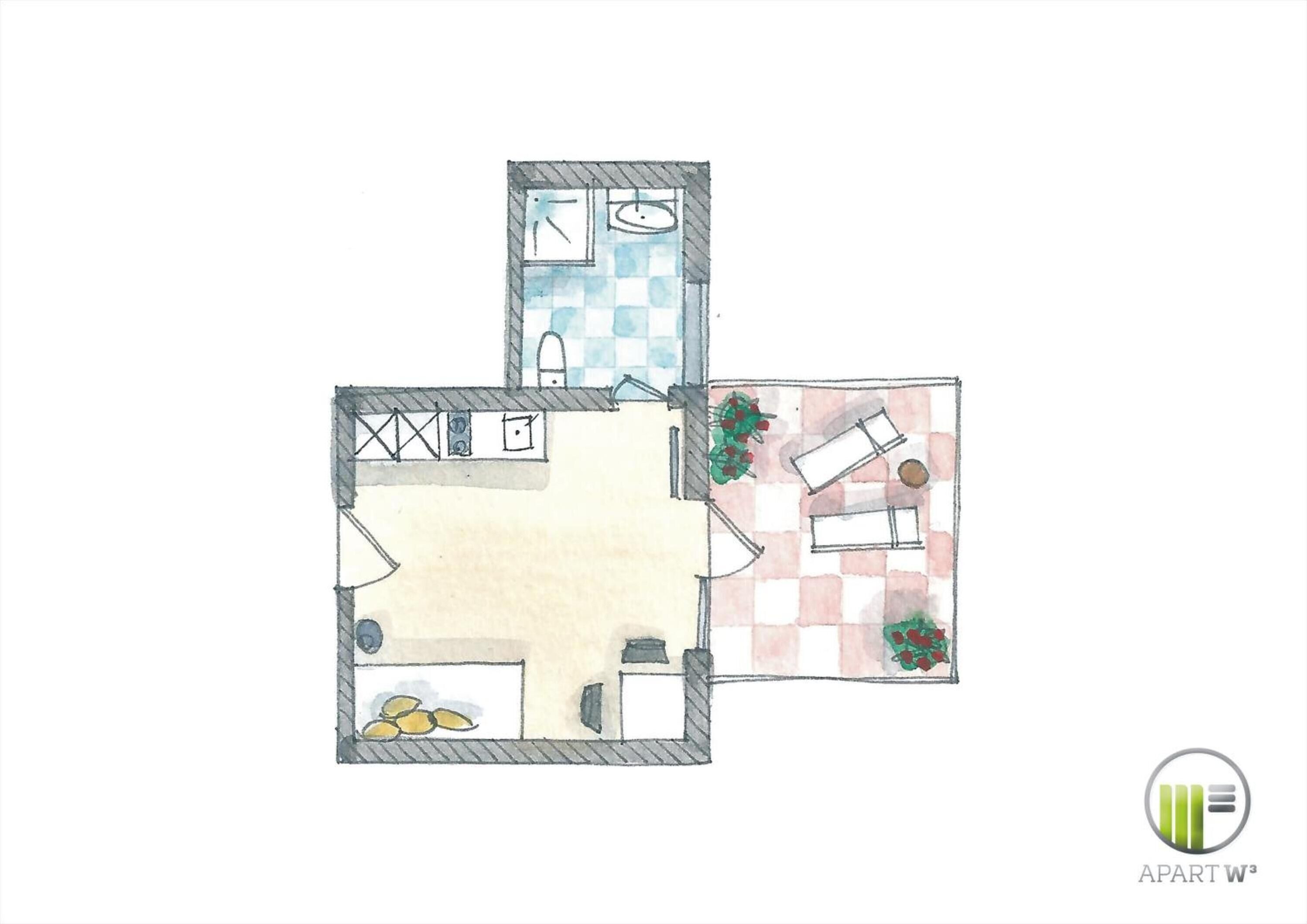 Plano de una habitación de hotel con kitchenette, baño y zona de estar con plantas.