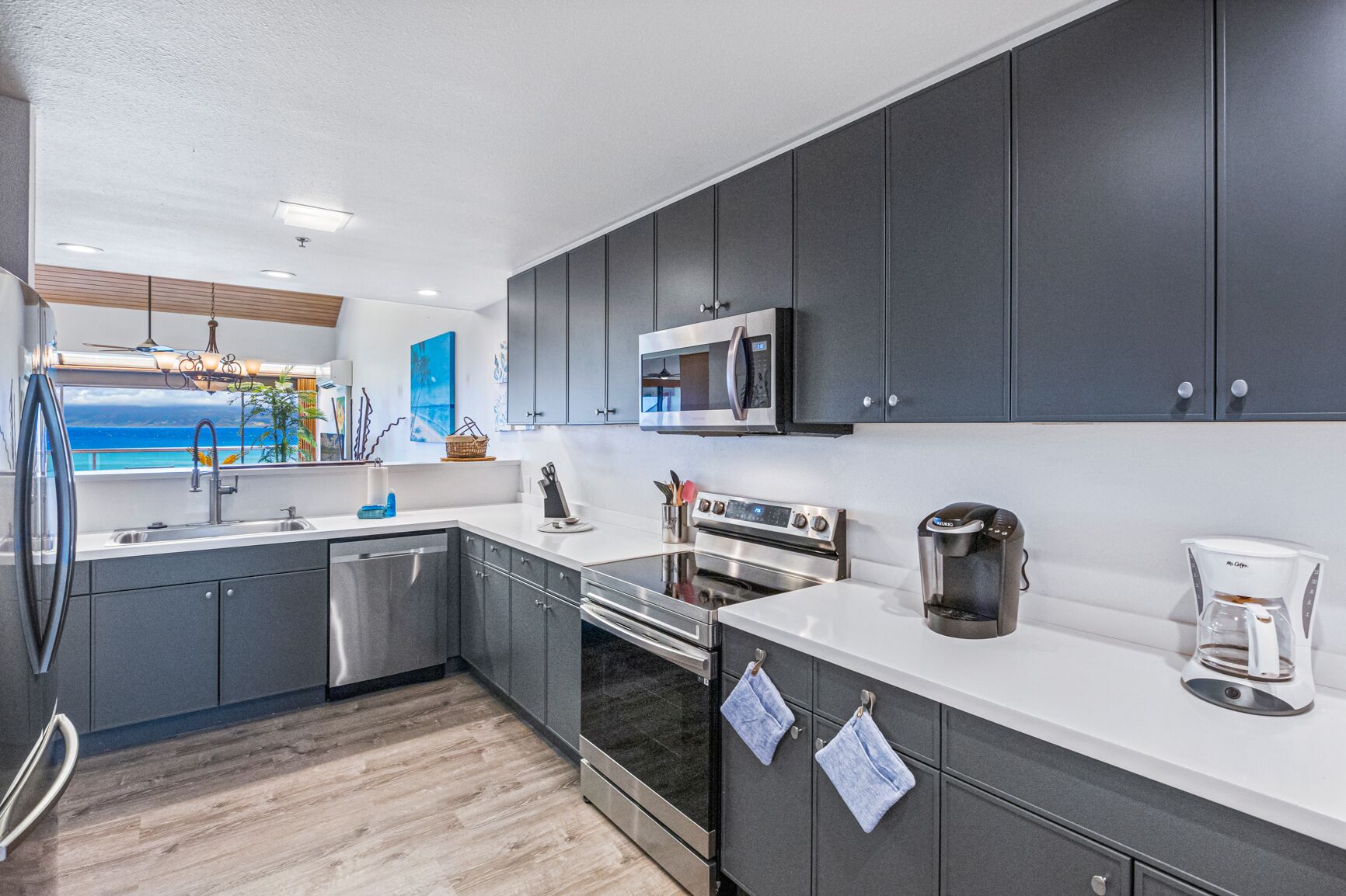 A modern kitchen with dark cabinets, stainless steel appliances, and a view of the ocean.