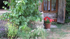 A stone building with a wooden door and windows, surrounded by a garden with various plants and flowers. - Beautiful Village House (Chérizet)