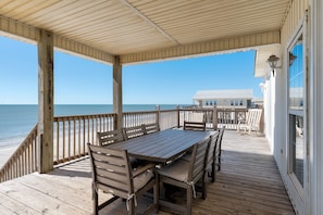 Relax on the covered deck with a table and six comfortable chairs, perfect for taking in the ocean view.