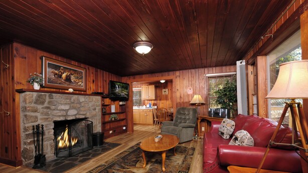 A cozy living room with a stone fireplace, a red leather sofa, a wooden coffee table, and a television mounted on the wall. - Charming Gatlinburg cottage walking distance to Gatlinburg downtown! (Gatlinburg)