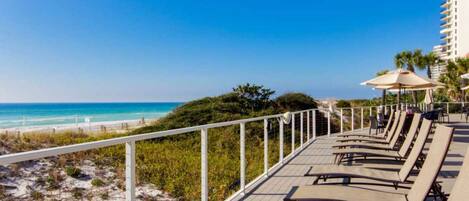 A beachside lounge with sun loungers and umbrellas, overlooking the ocean.