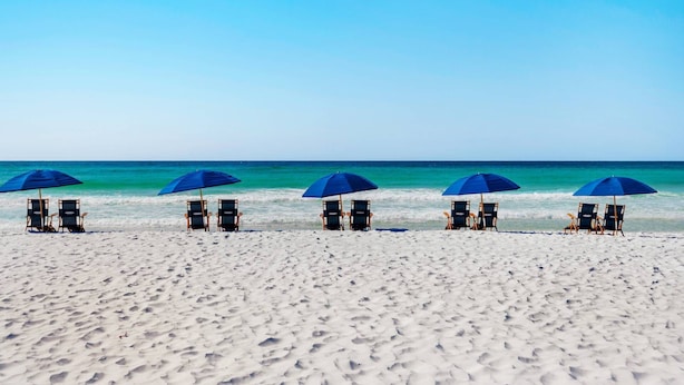 Une plage avec cinq rangées de chaises de plage et de parasols, donnant sur l’océan.