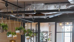 A modern interior with a leather sofa, two armchairs, a wooden coffee table, and hanging plants. - GuestHouse Hotel Kaatsheuvel (Kaatsheuvel)
