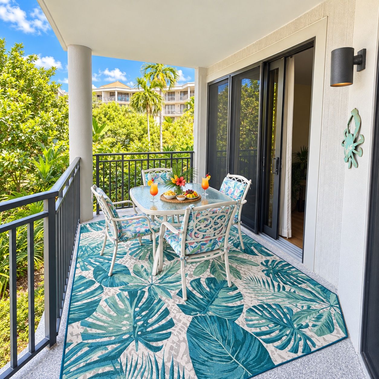 A balcony with a table set for two, featuring tropical leaf-patterned flooring, a glass door leading to the interior, and a view of a residential building in the background.
