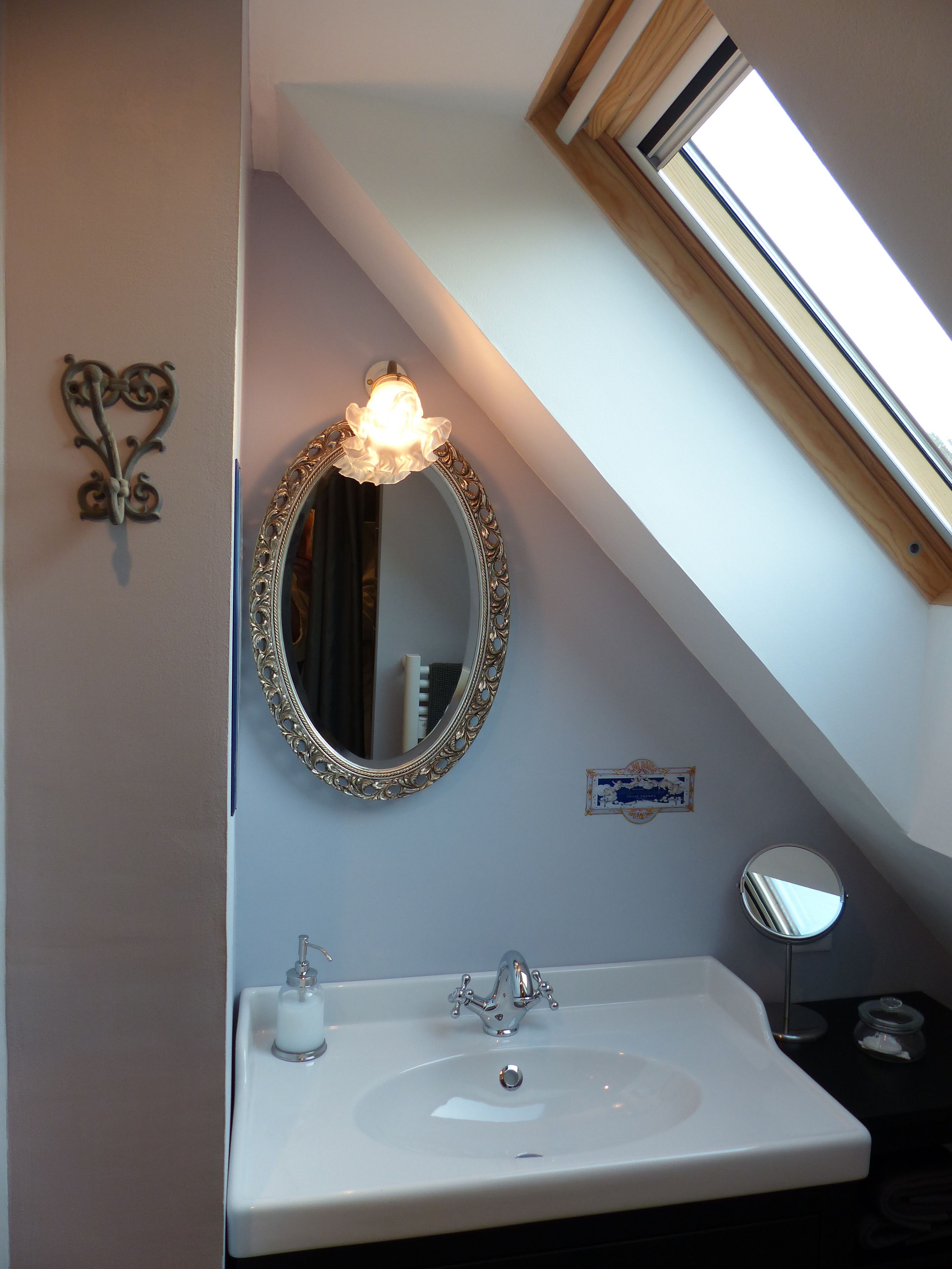 A bathroom with a white sink, a large ornate mirror, and a skylight above.