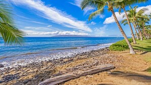 A beach with palm trees, rocky shoreline, and clear blue sky. - Brand New Kitchen & Updated Living Space - Oceanfront #216-2 (Lahaina)