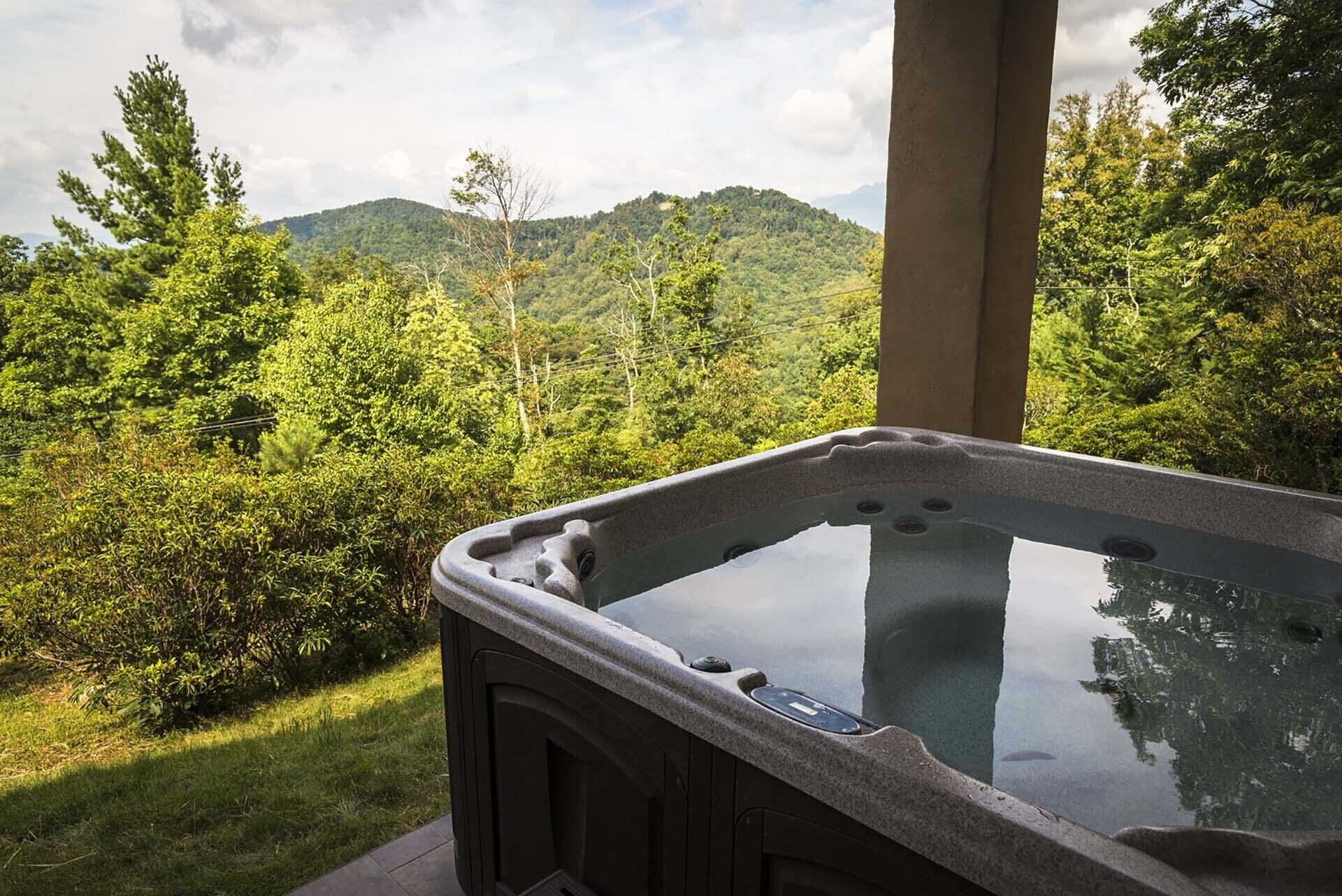 Un jacuzzi con vistas a un bosque frondoso y montañas.
