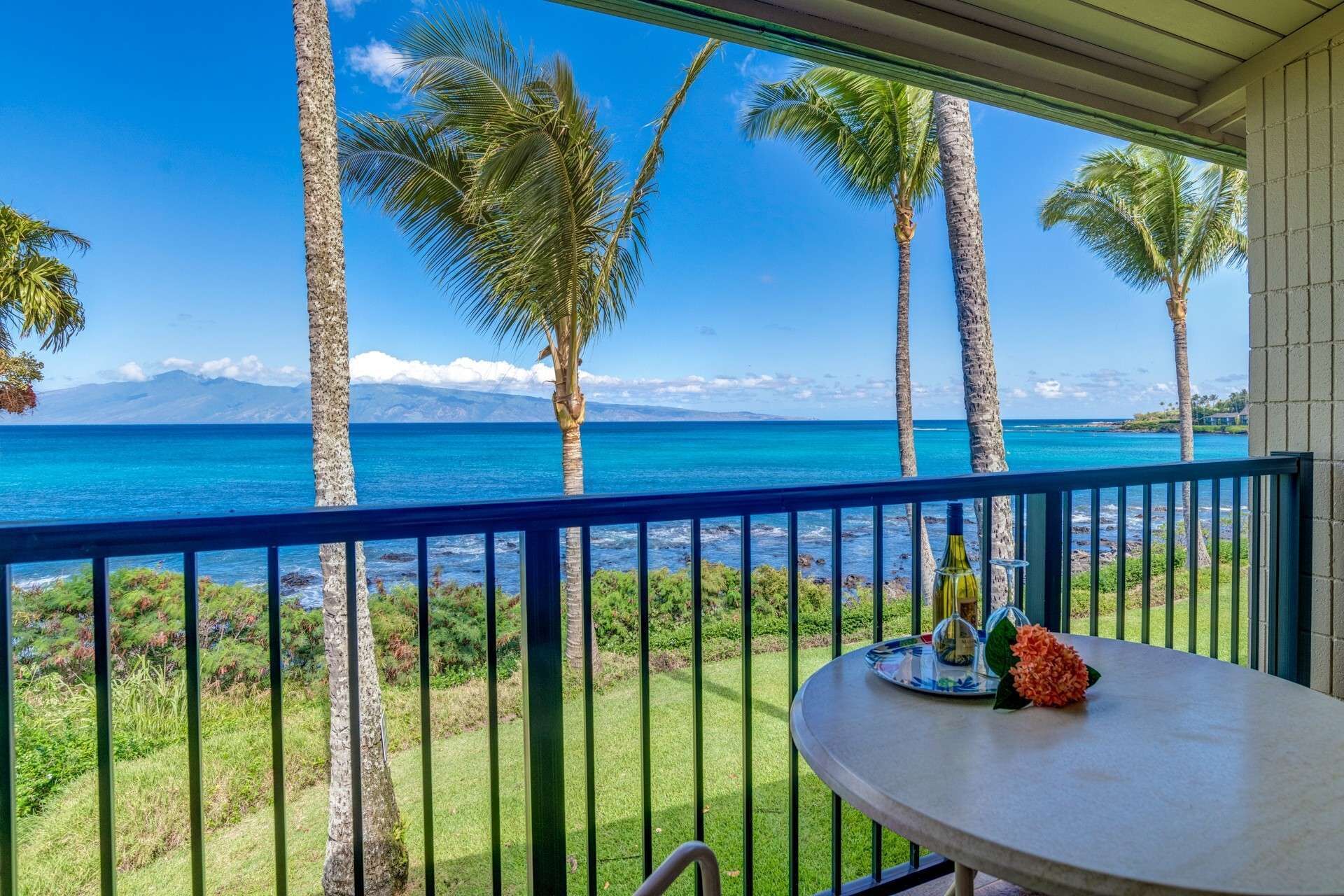 A balcony with a view of the ocean and palm trees.