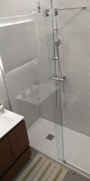 Combined shower/tub, hair dryer, bidet, towels