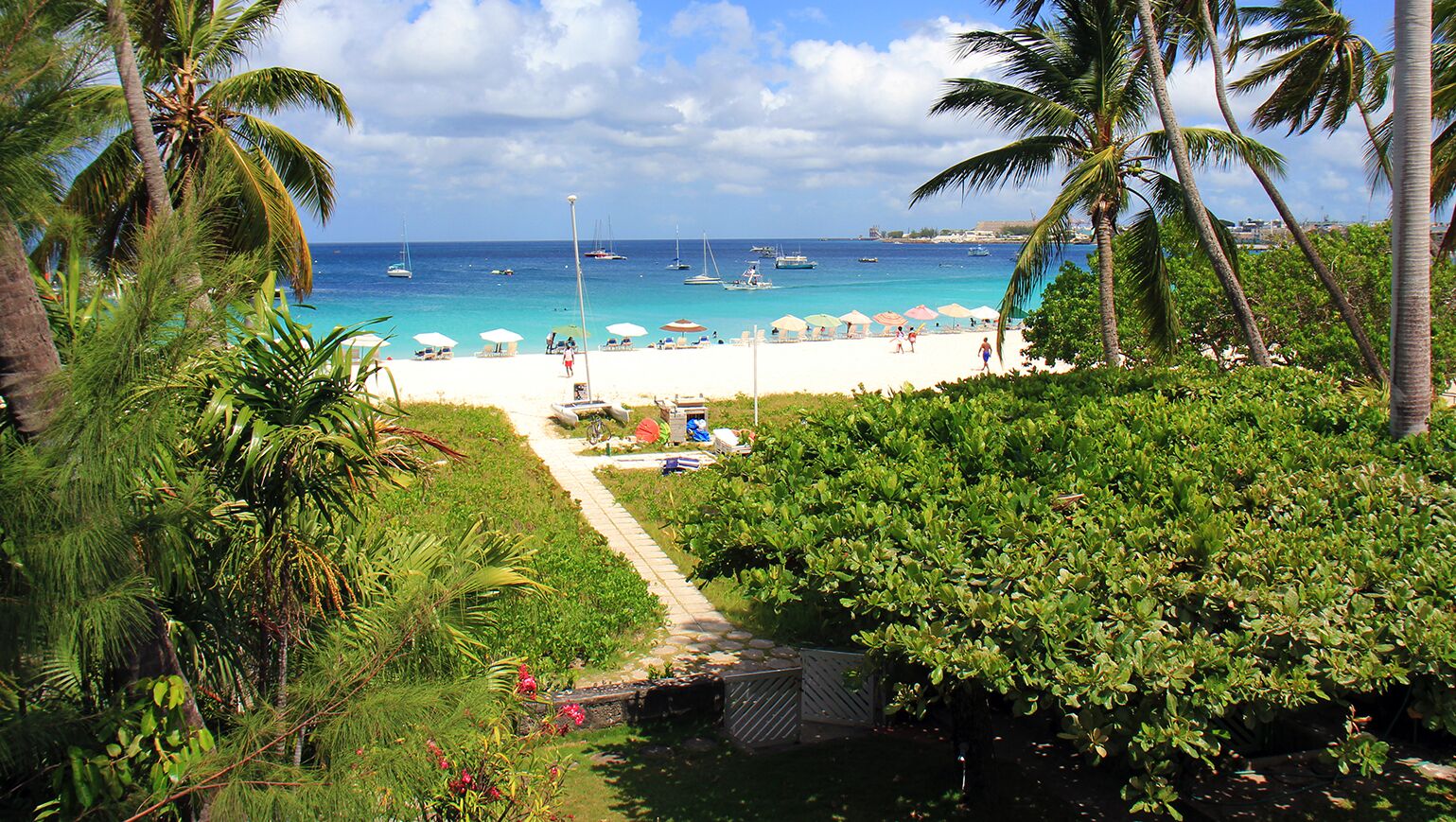 Ein Strand mit Palmen, ein Weg zum Strand und Boote im Wasser.