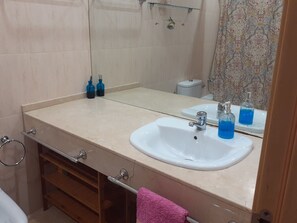 Bathtub, hair dryer, bidet, towels