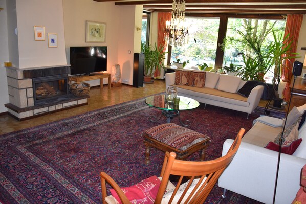 Smart TV, fireplace, DVD player, ping pong